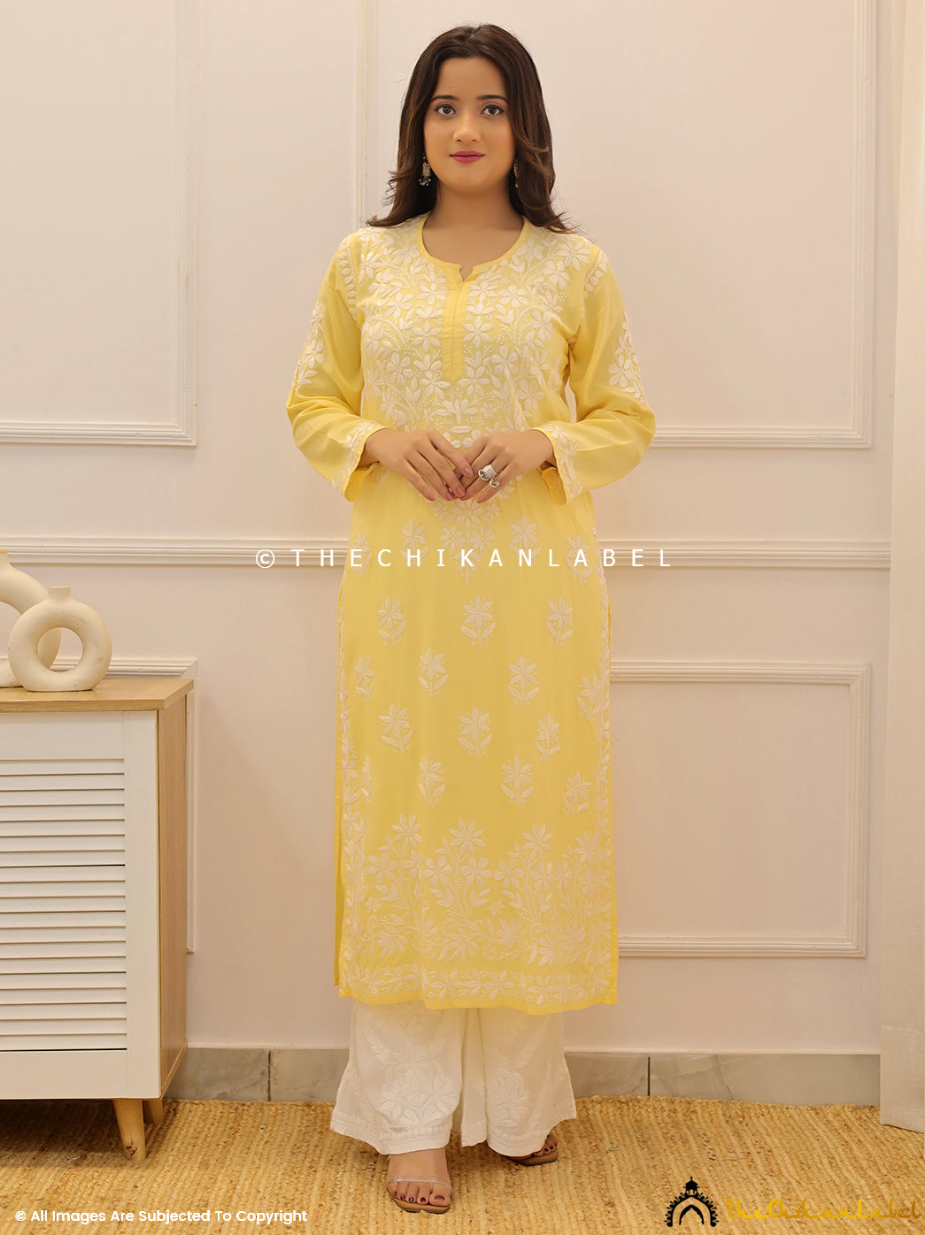 Yellow Modal Chikankari Straight Kurti