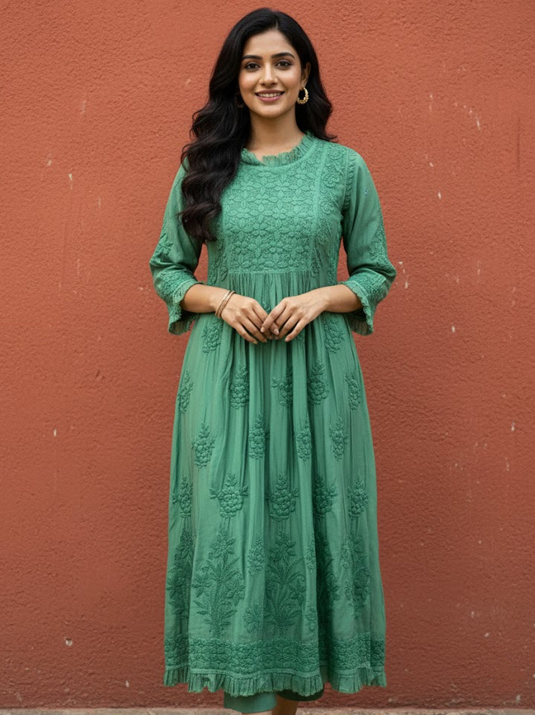 Green Muslin Chikankari A-Line Kurti