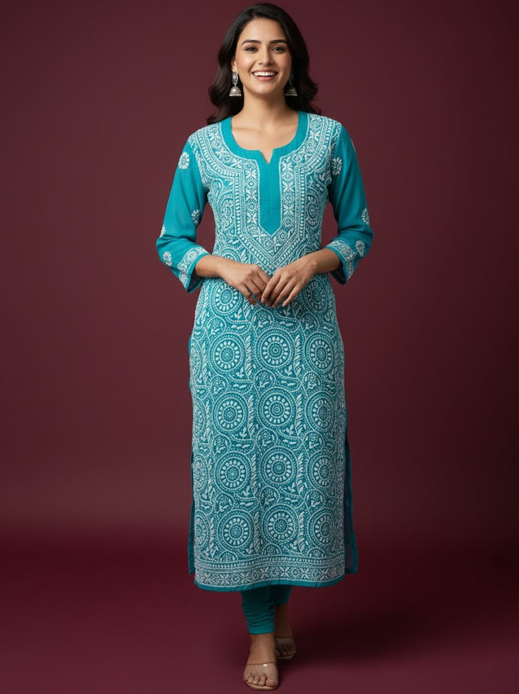 Teal Green Georgette Chikankari Straight Kurti