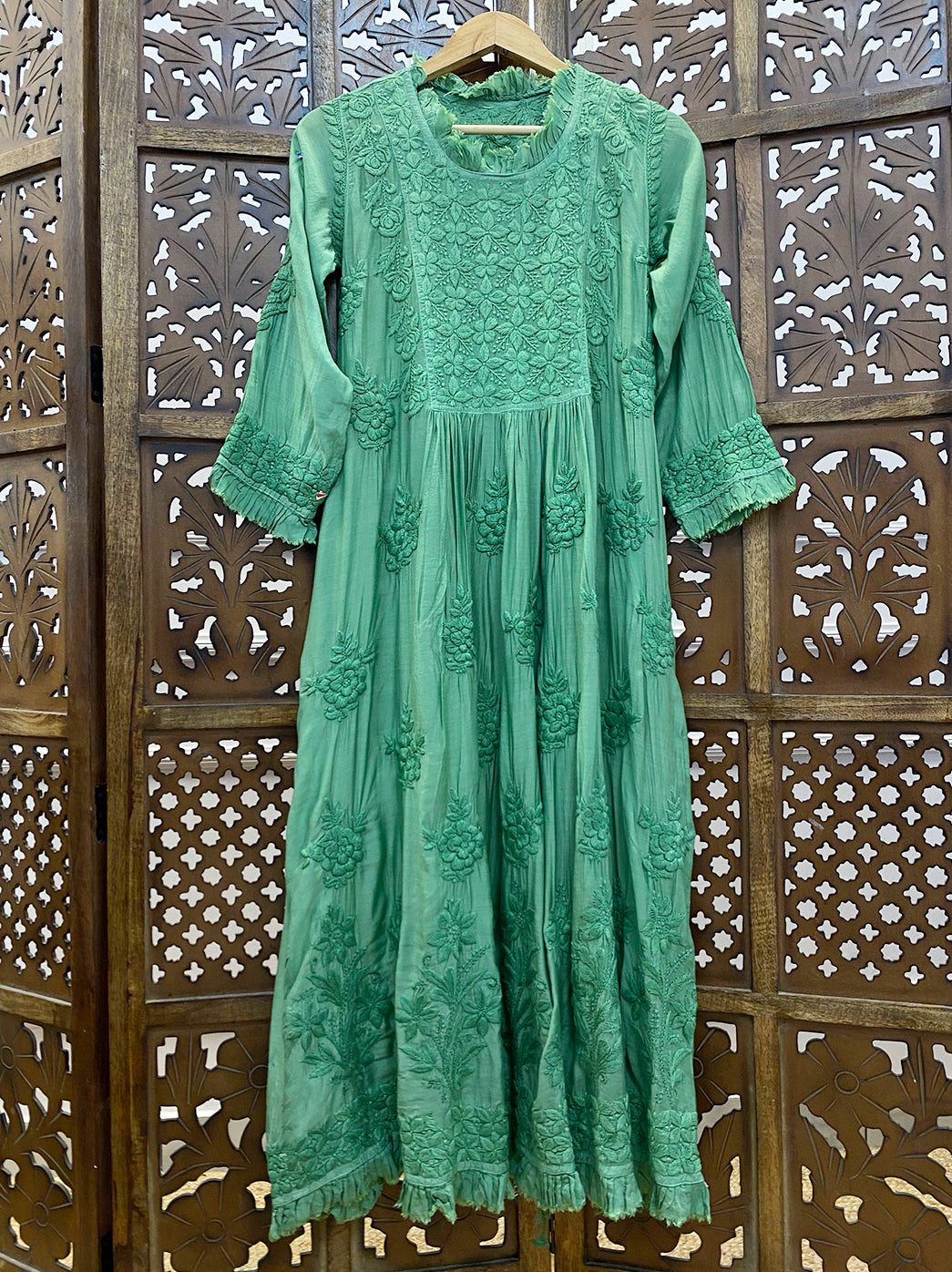 Green Muslin Chikankari A-Line Kurti