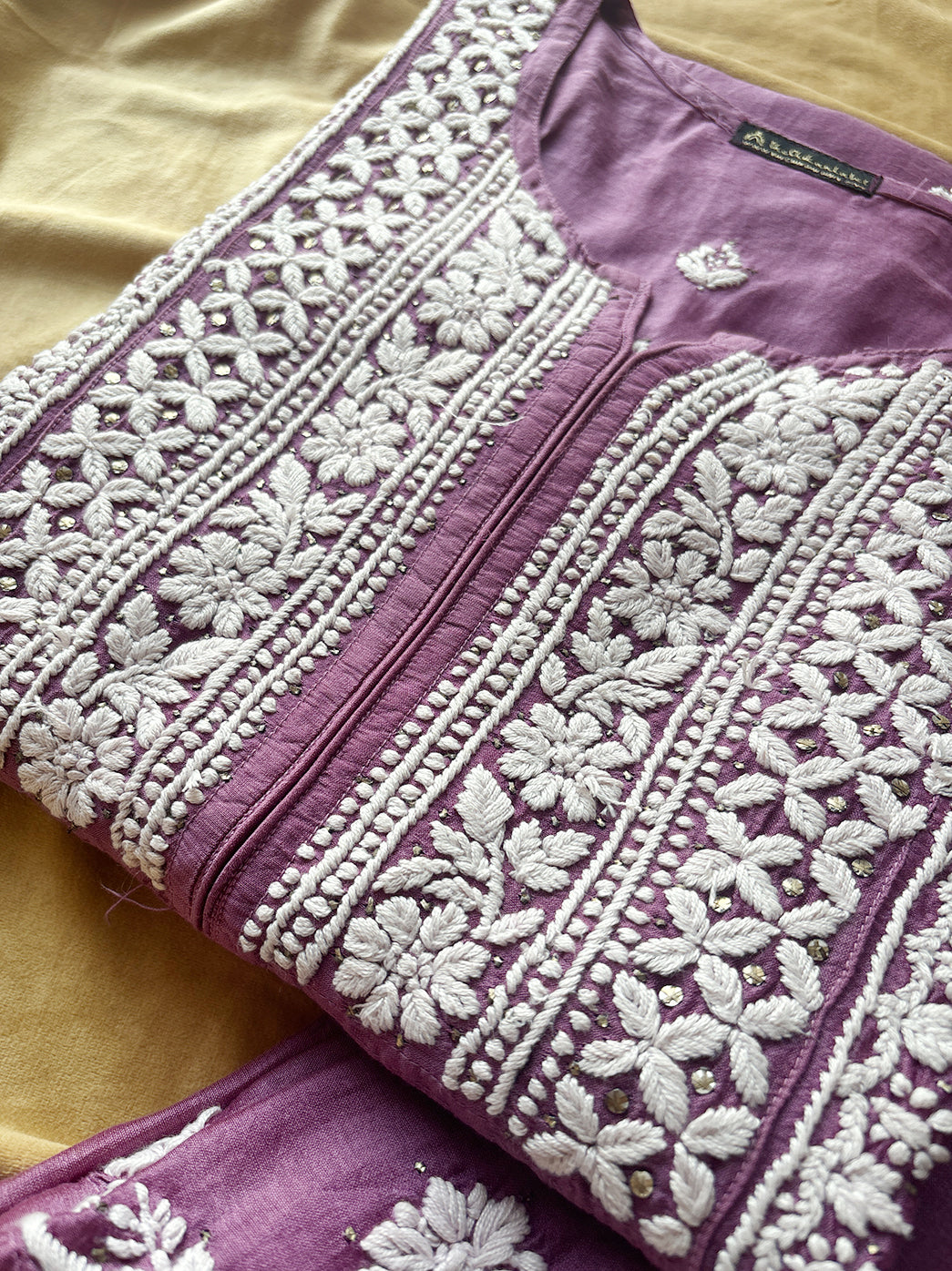 Purple Chanderi Straight Chikankari Kurti Pant Set