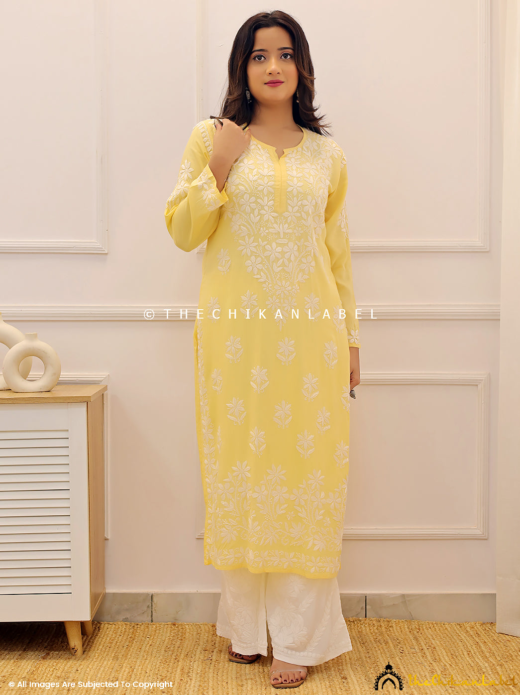 Yellow Modal Chikankari Straight Kurti