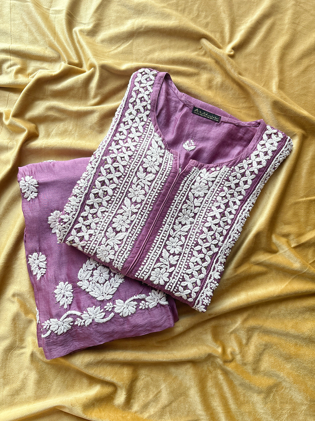 Purple Chanderi Straight Chikankari Kurti Pant Set