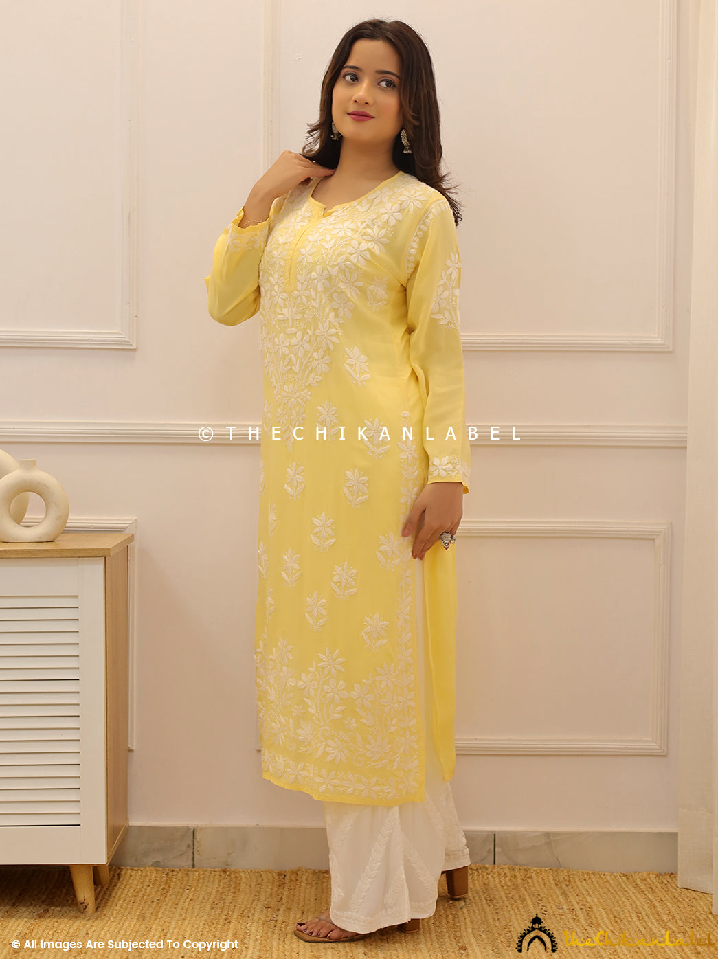 Yellow Modal Chikankari Straight Kurti