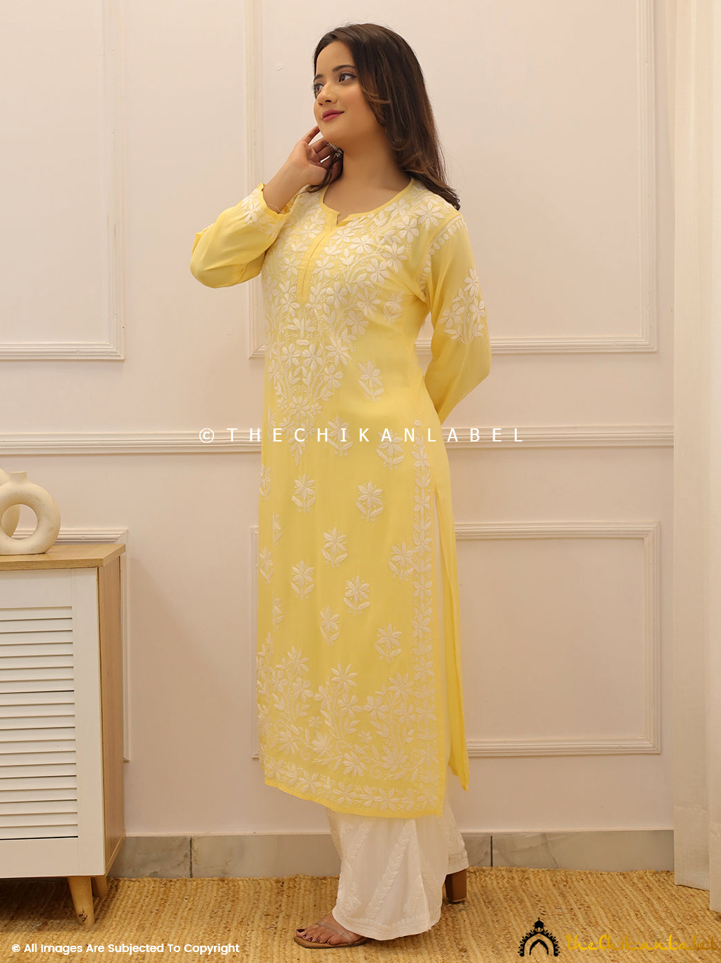 Yellow Modal Chikankari Straight Kurti