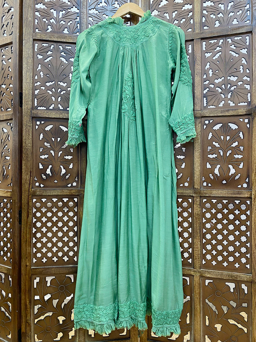 Green Muslin Chikankari A-Line Kurti