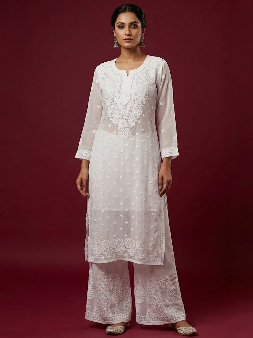 White Georgette Chikankari Kurti Sharara Set