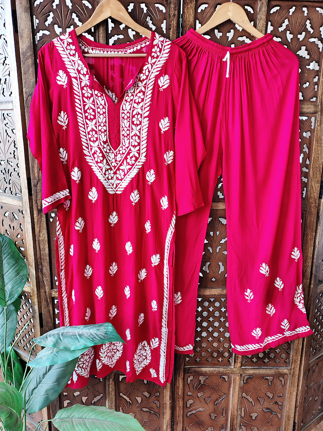 Red Rayon Chikankari Kurti Palazzo Set