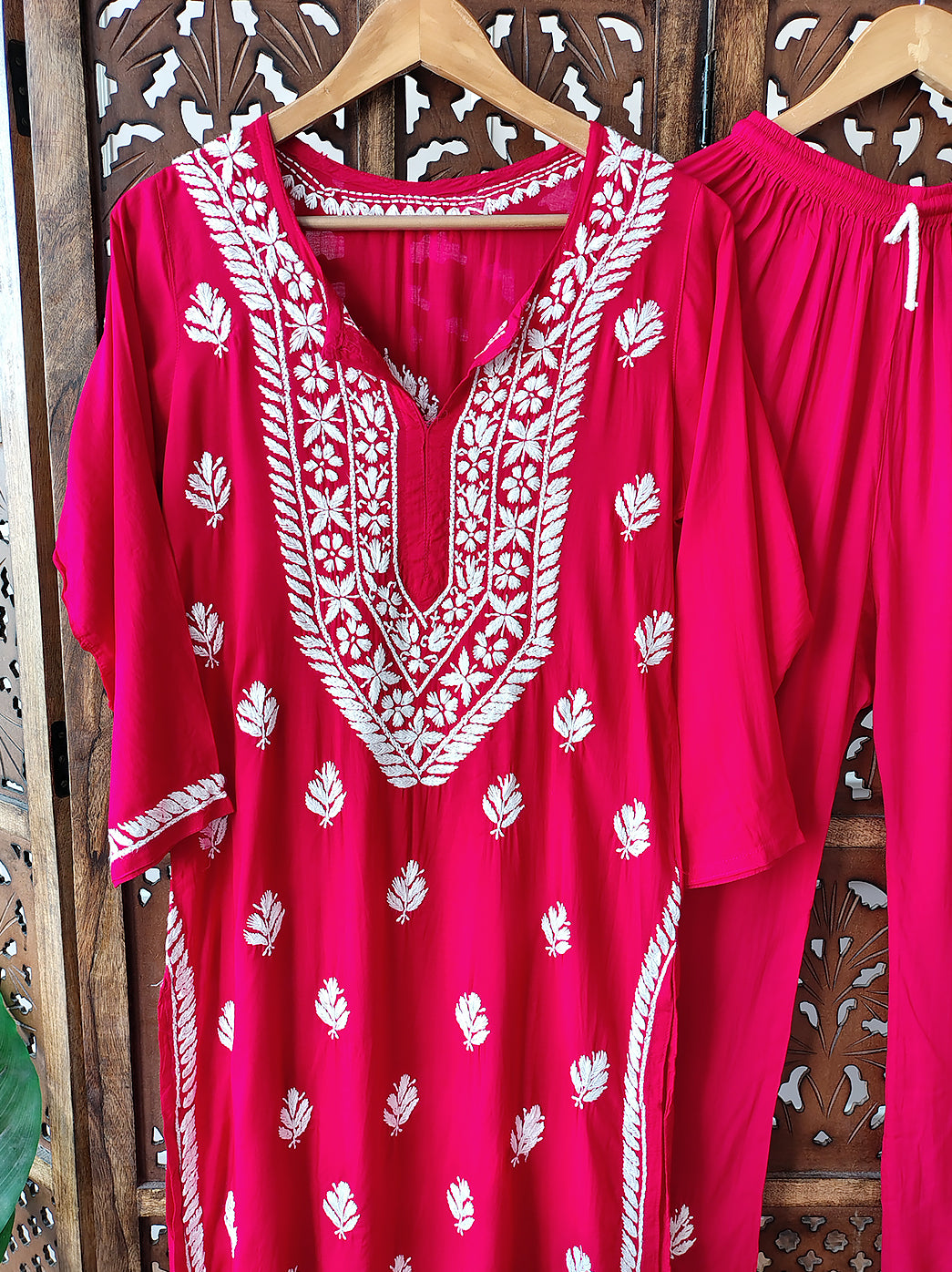 Red Rayon Chikankari Kurti Palazzo Set