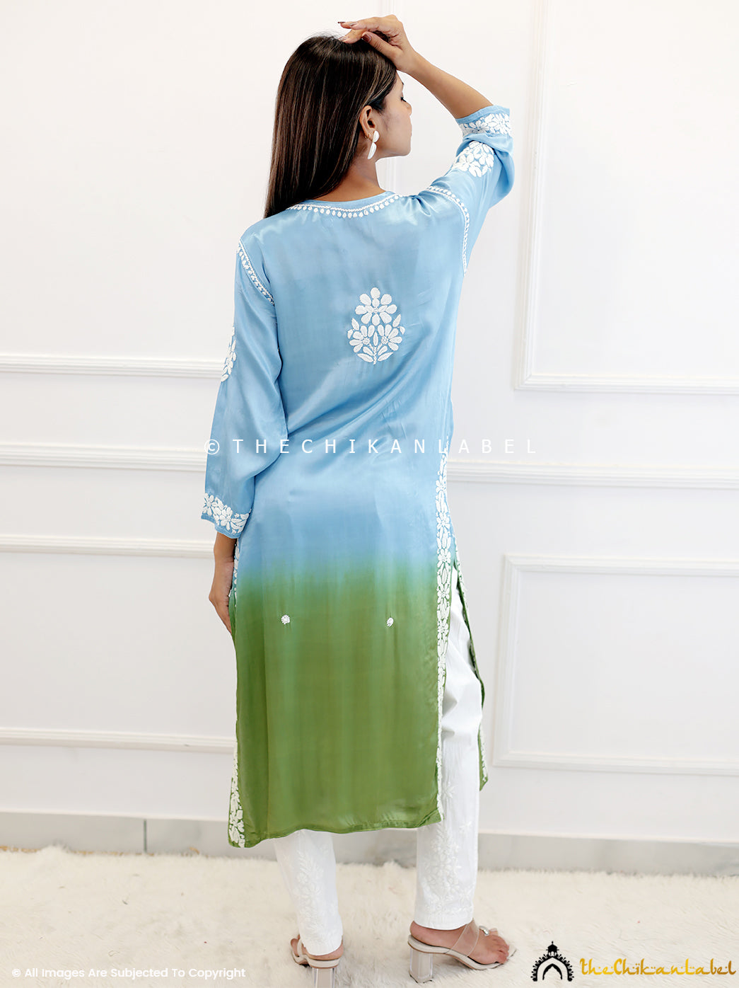 Blue On Green Satin Modal Chikankari Straight Kurti