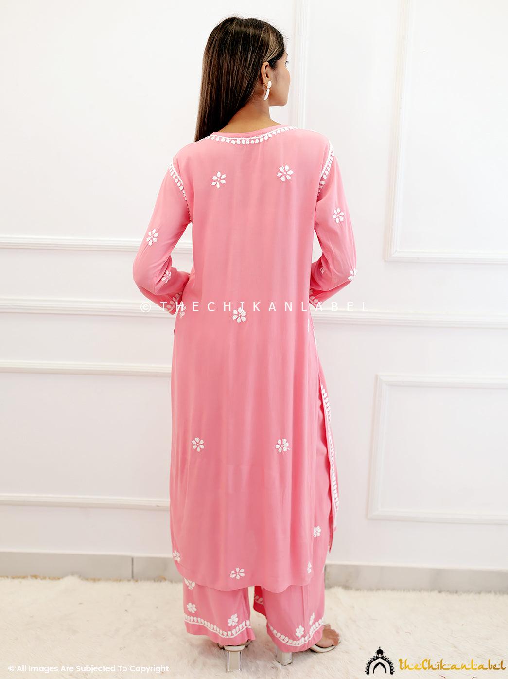 Peach Rayon Chikankari Kurti Palazzo Set