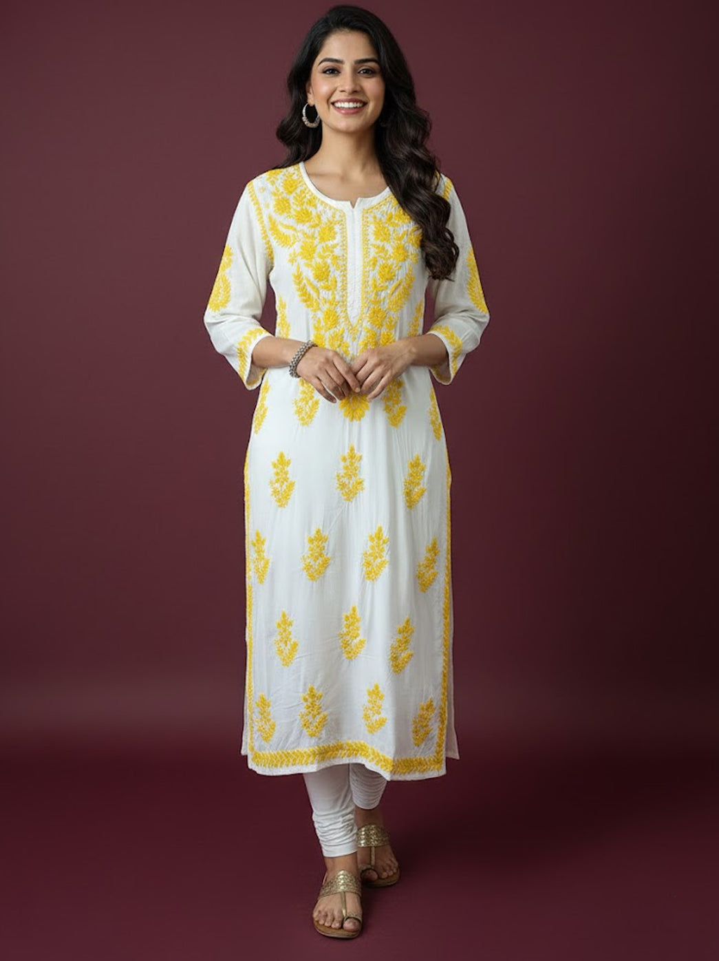 Yellow Modal Chikankari Straight Kurti