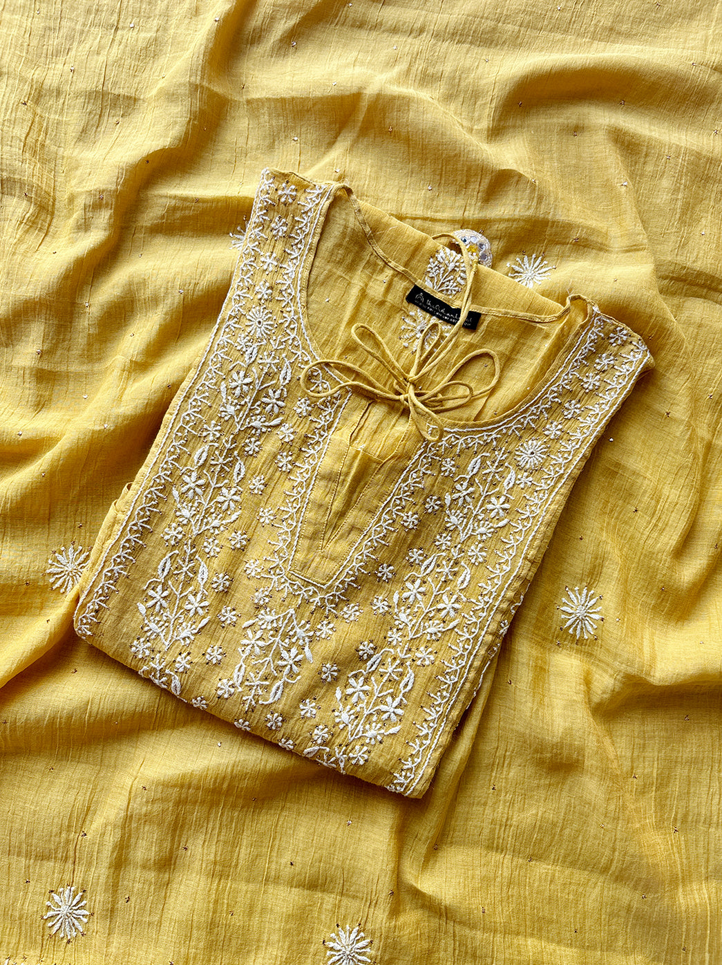 Yellow Roomi Tissue Silk Chikankari Straight Kurti With Dupatta