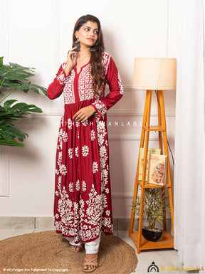 Maroon Nia Muslin Chikankari A-Line Kurti