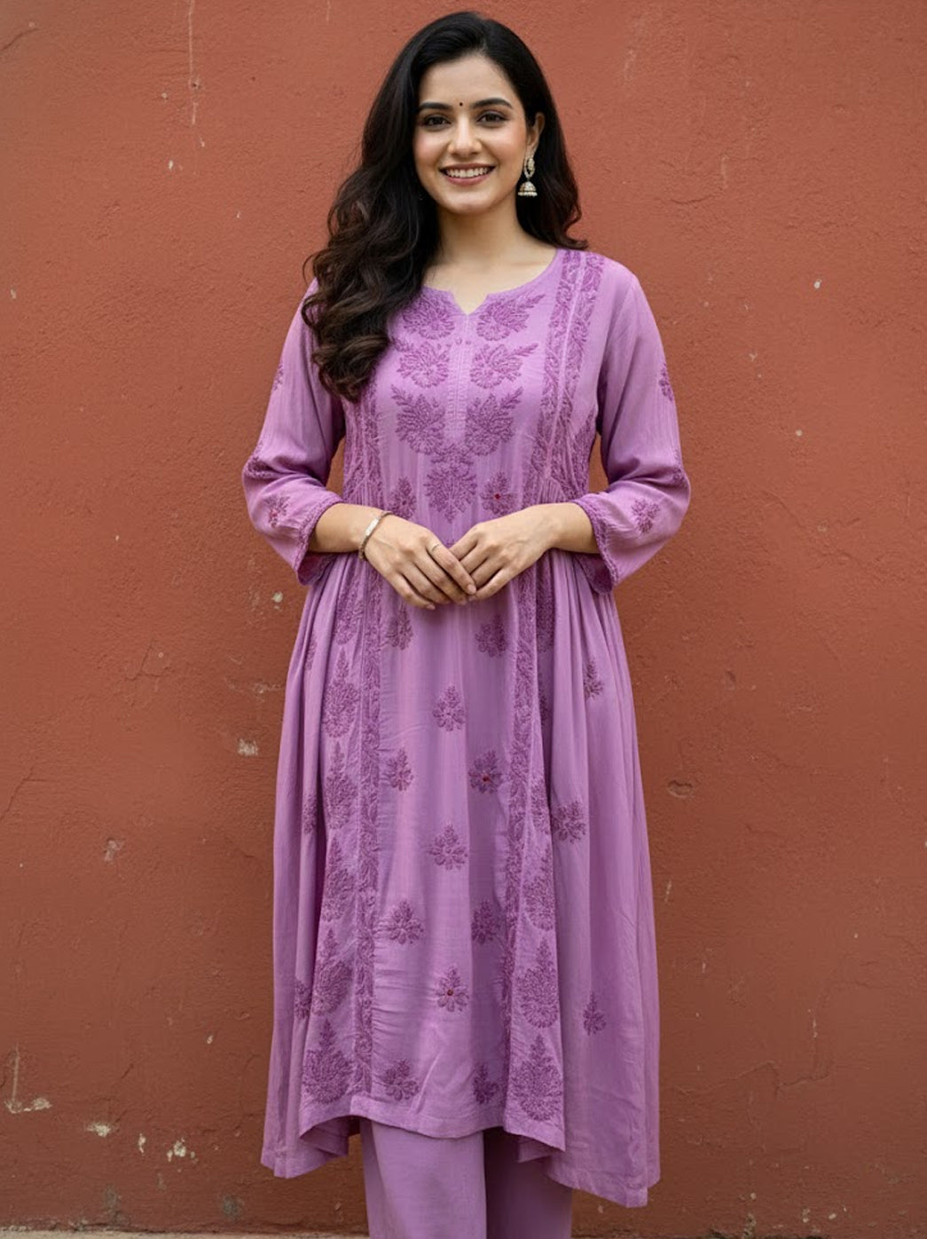 Lavender Modal Chikankari A-Line Kurti