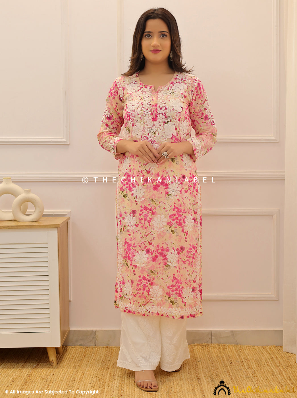 Pink Dhita Mulmul Printed Chikankari Straight Kurti