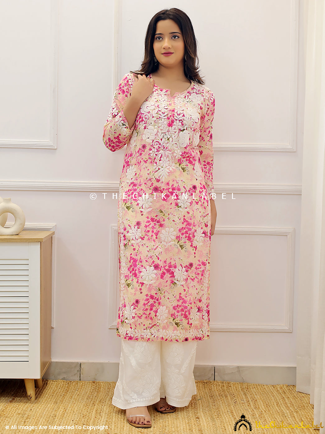 Pink Dhita Mulmul Printed Chikankari Straight Kurti