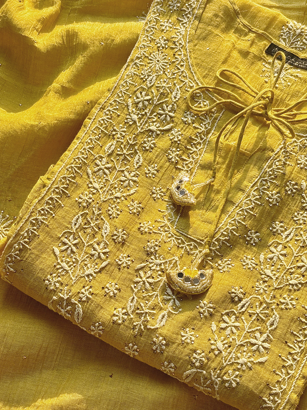 Yellow Roomi Tissue Silk Chikankari Straight Kurti With Dupatta