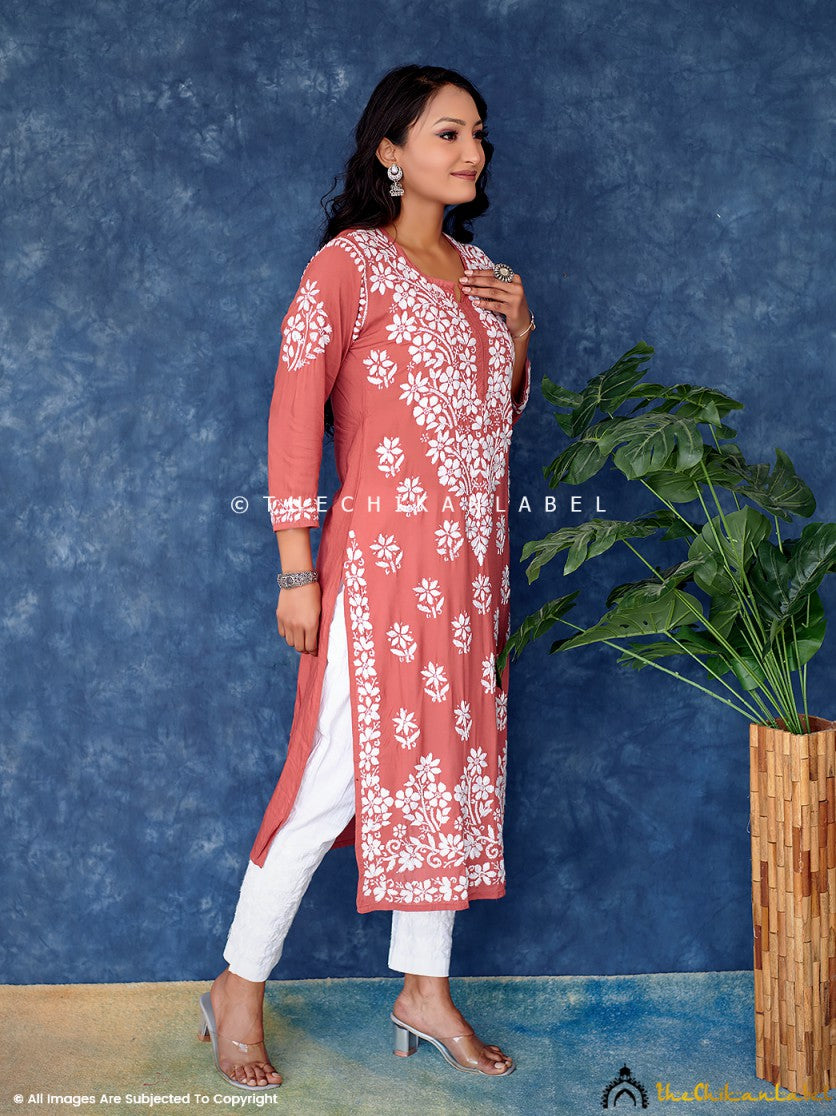 Coral Modal Chikankari Straight Kurta ,Chikankari Straight Kurta in Modal Fabric For woman