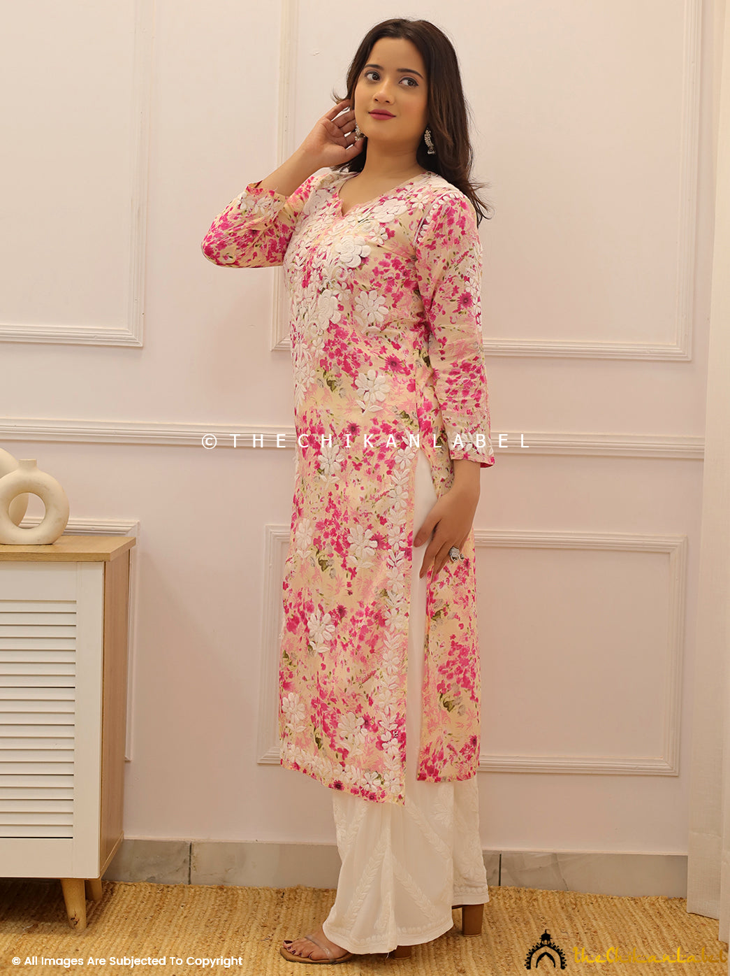 Pink Dhita Mulmul Printed Chikankari Straight Kurti