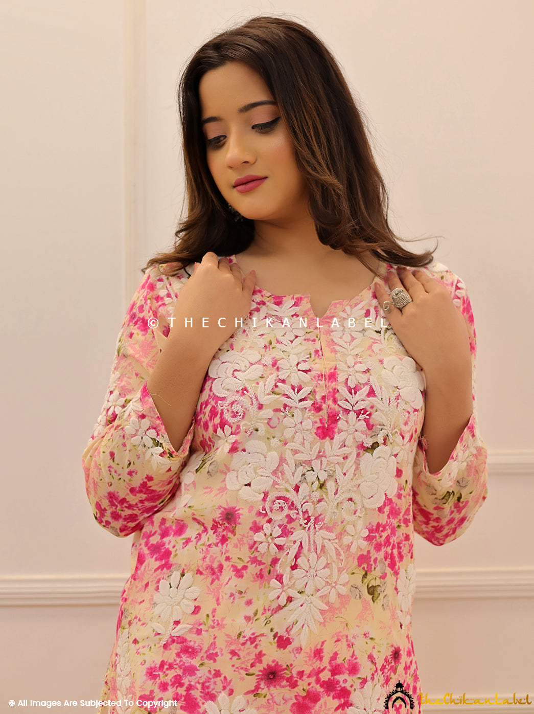 Pink Dhita Mulmul Printed Chikankari Straight Kurti