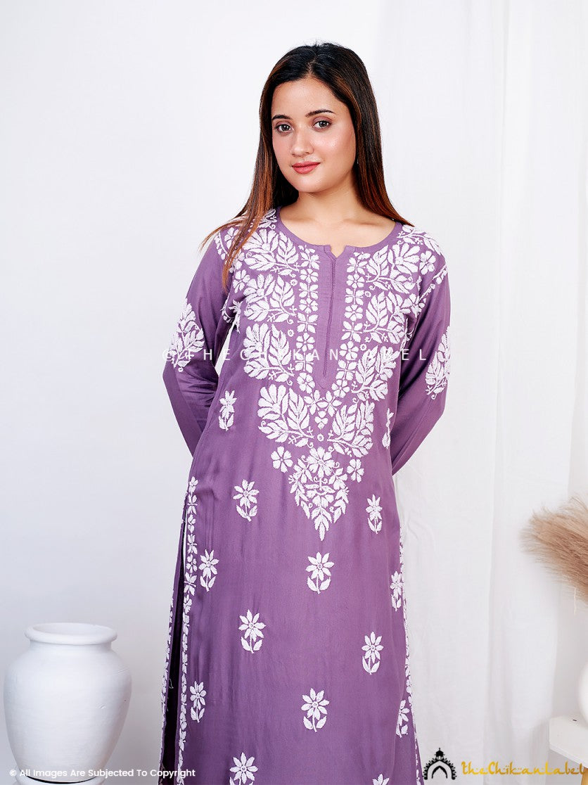 Mauve Binal Rayon Chikankari Straight Kurti