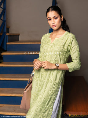 Green Iyada Chanderi Chikankari Straight Kurti