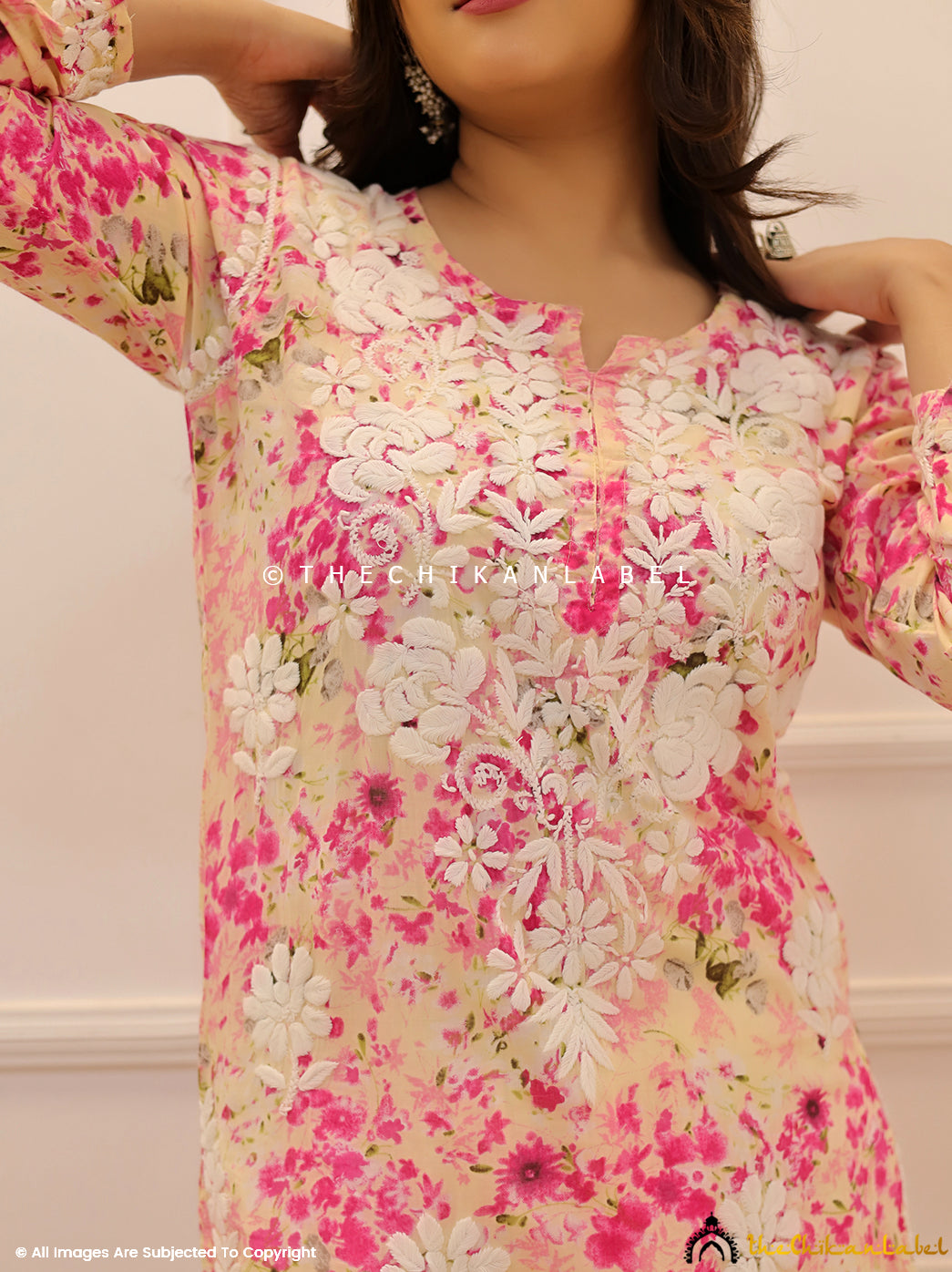 Pink Dhita Mulmul Printed Chikankari Straight Kurti