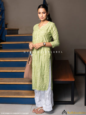 Green Iyada Chanderi Chikankari Straight Kurti