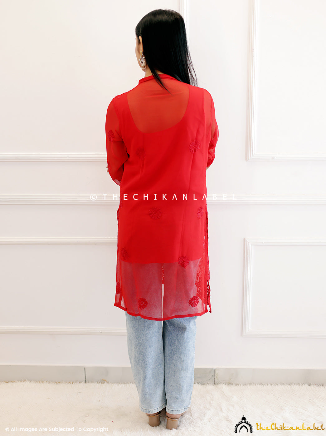 Red Georgette Chikankari Straight kurti