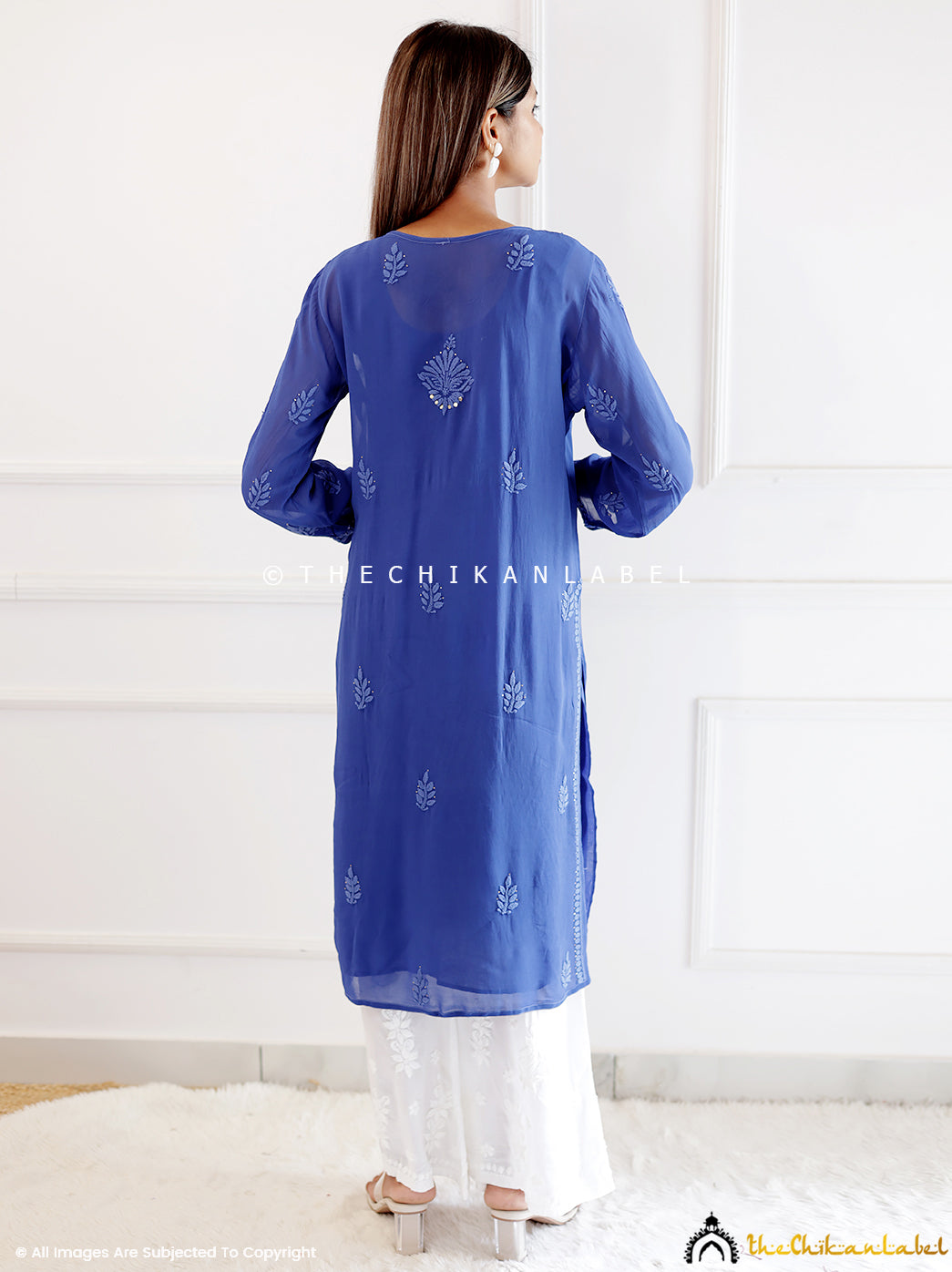 Blue Viscose Chikankari Straight Kurti