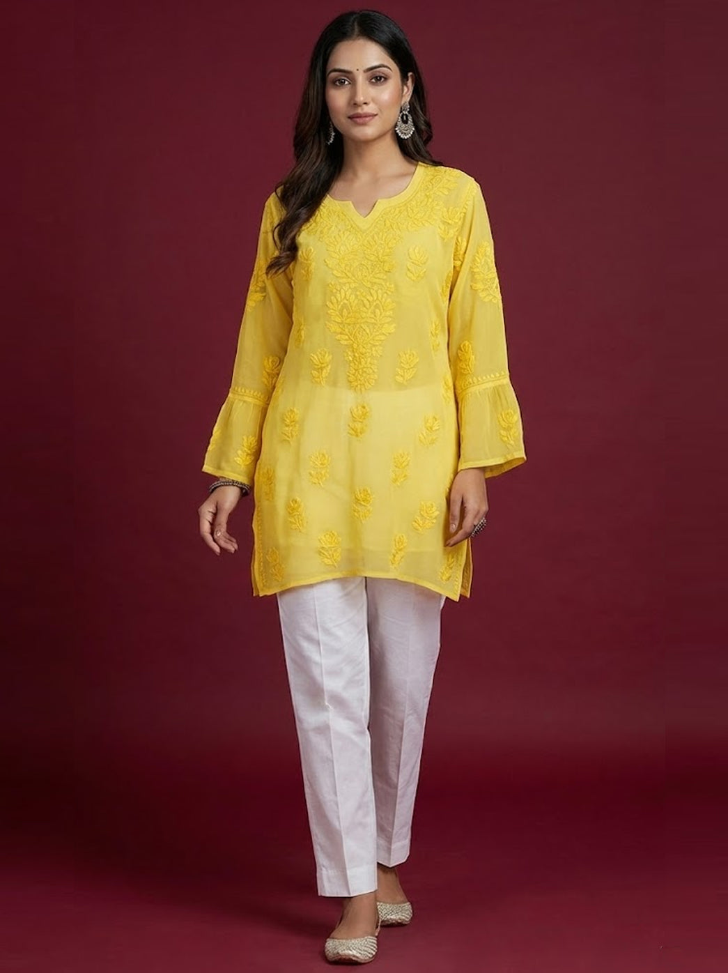 Yellow Viscose Chikankari Short Kurta