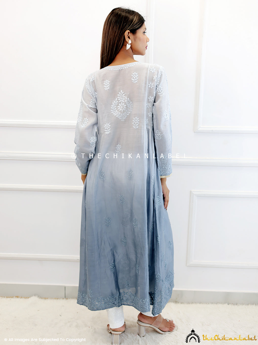 Grey Chanderi Chikankari A-Line Kurti
