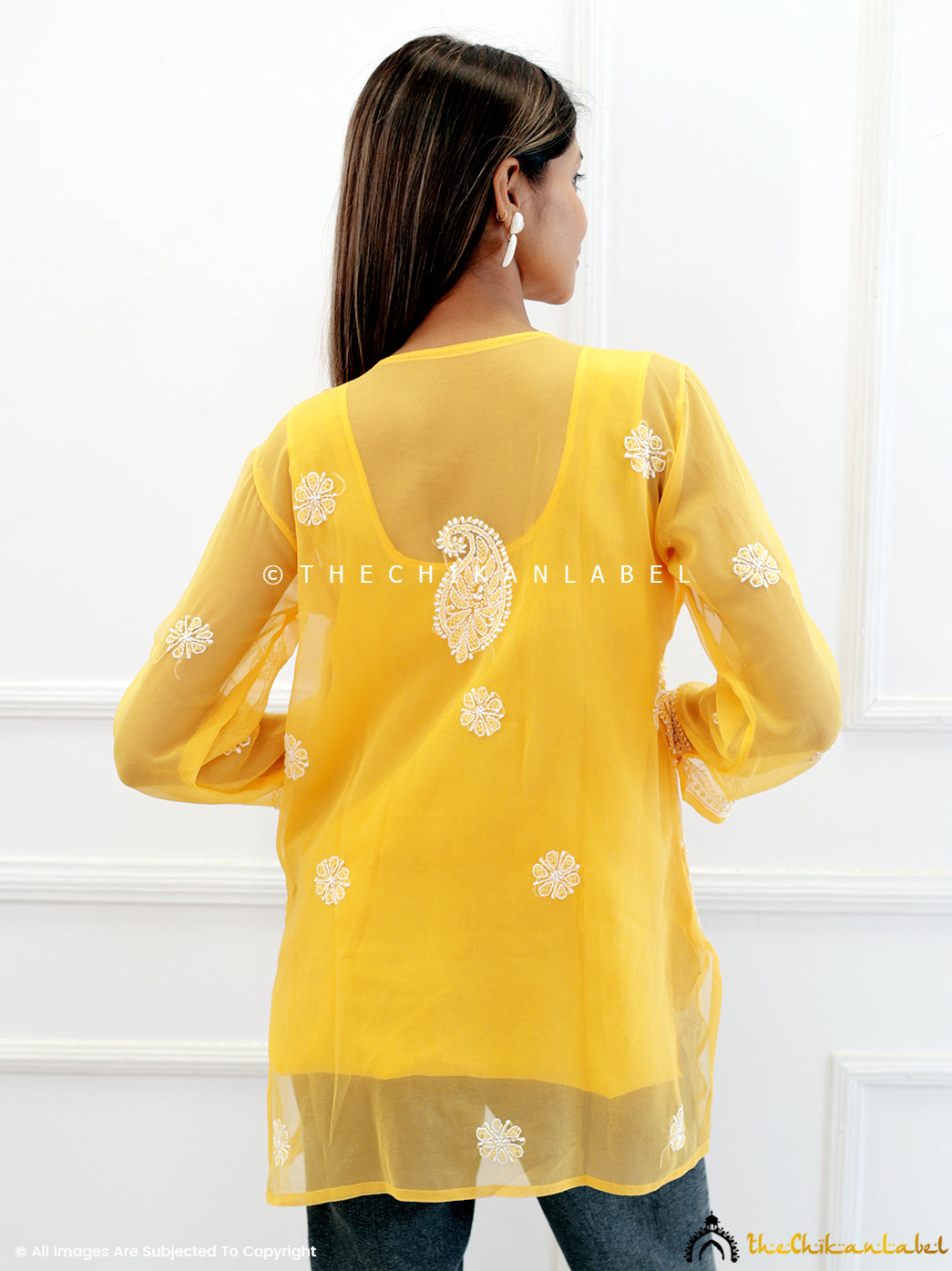 Yellow Georgette Chikankari Short Jaal Kurti