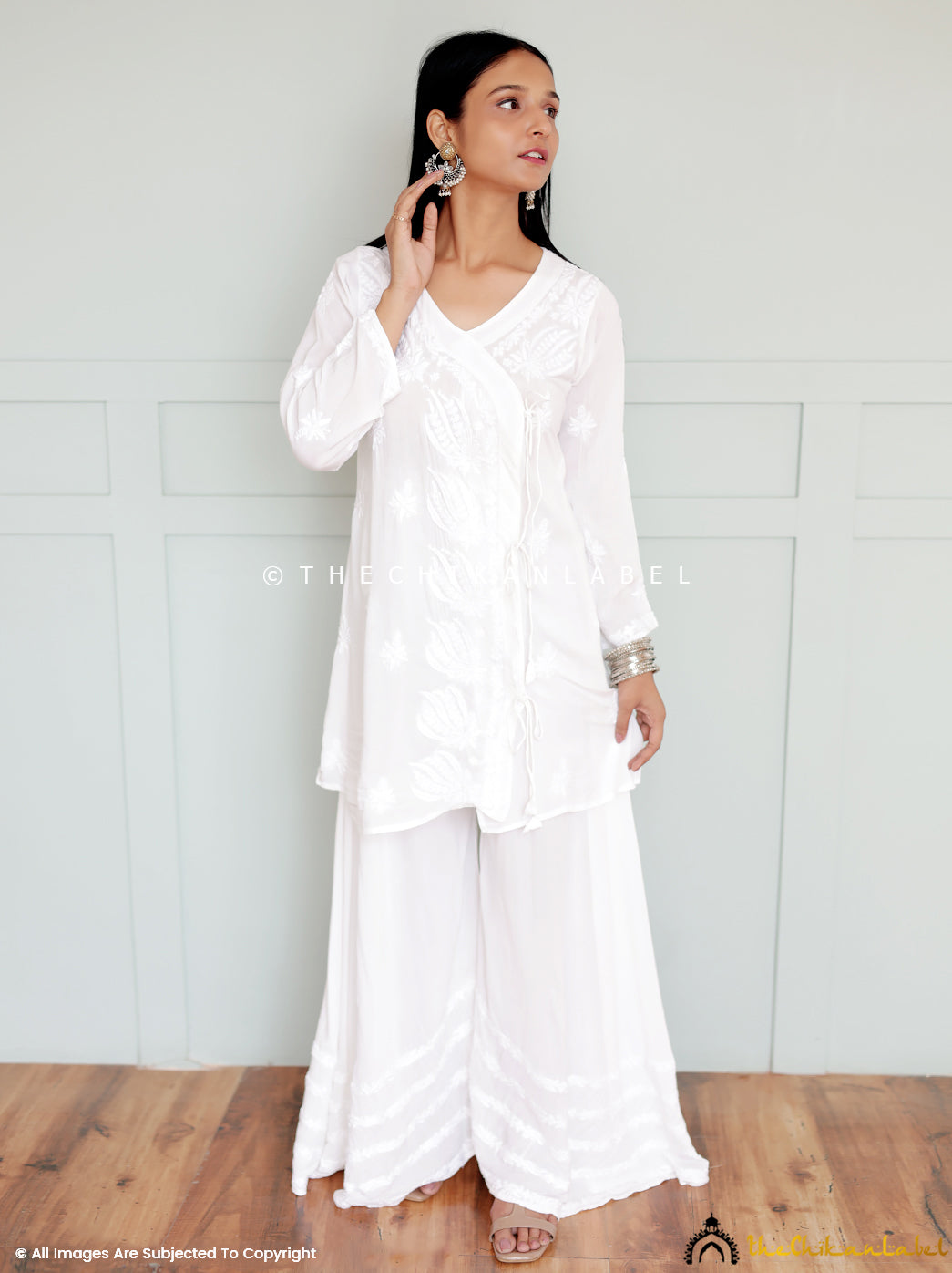 White Modal Chikankari Angrakha Kurti Palazzo Set