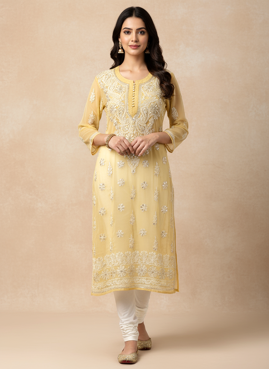 Beige Georgette Chikankari Straight Kurti