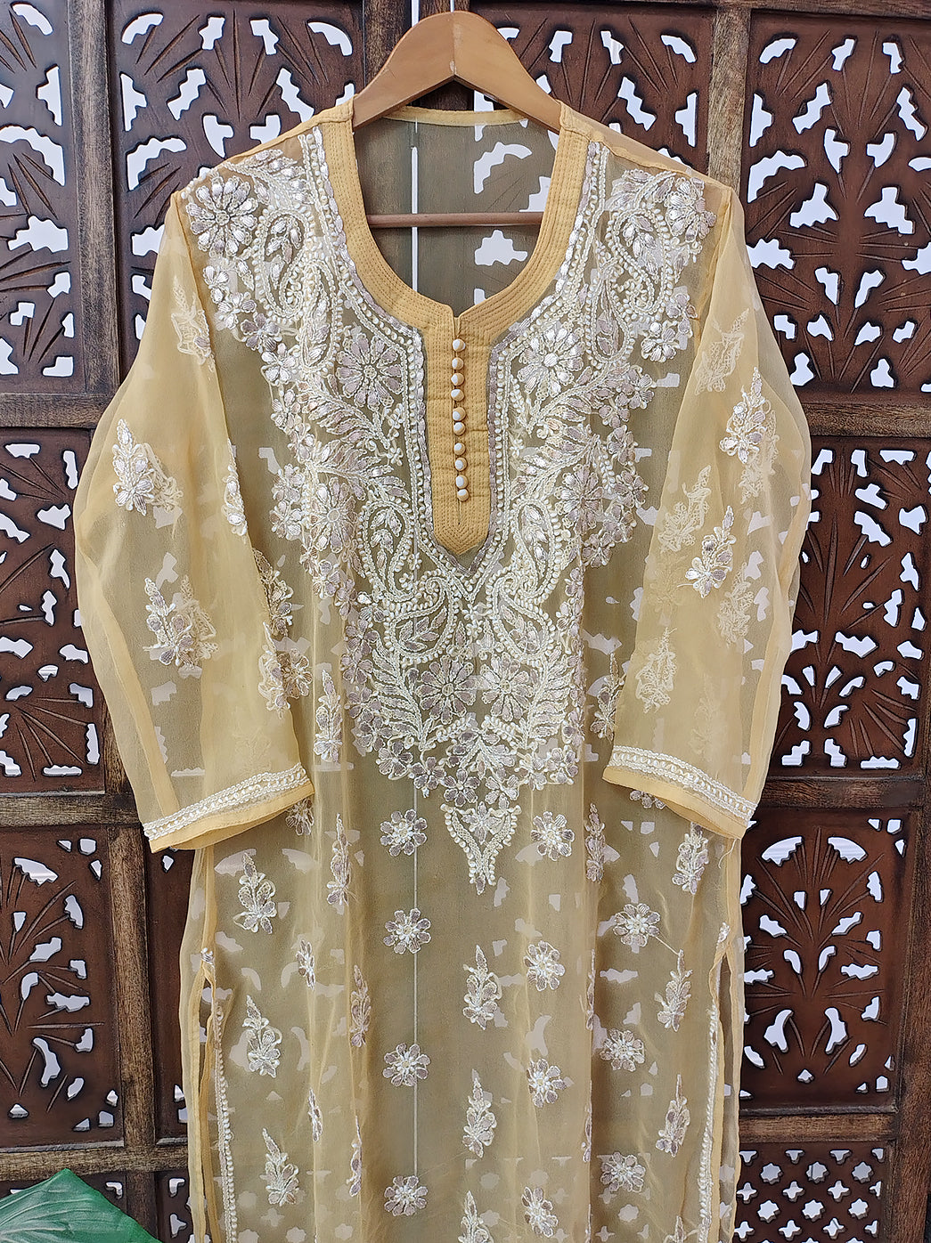 Beige Georgette Chikankari Straight Kurti