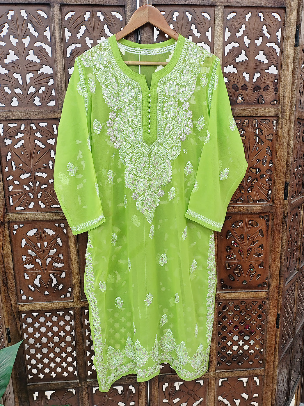 Pista Green Georgette Chikankari Straight Kurti