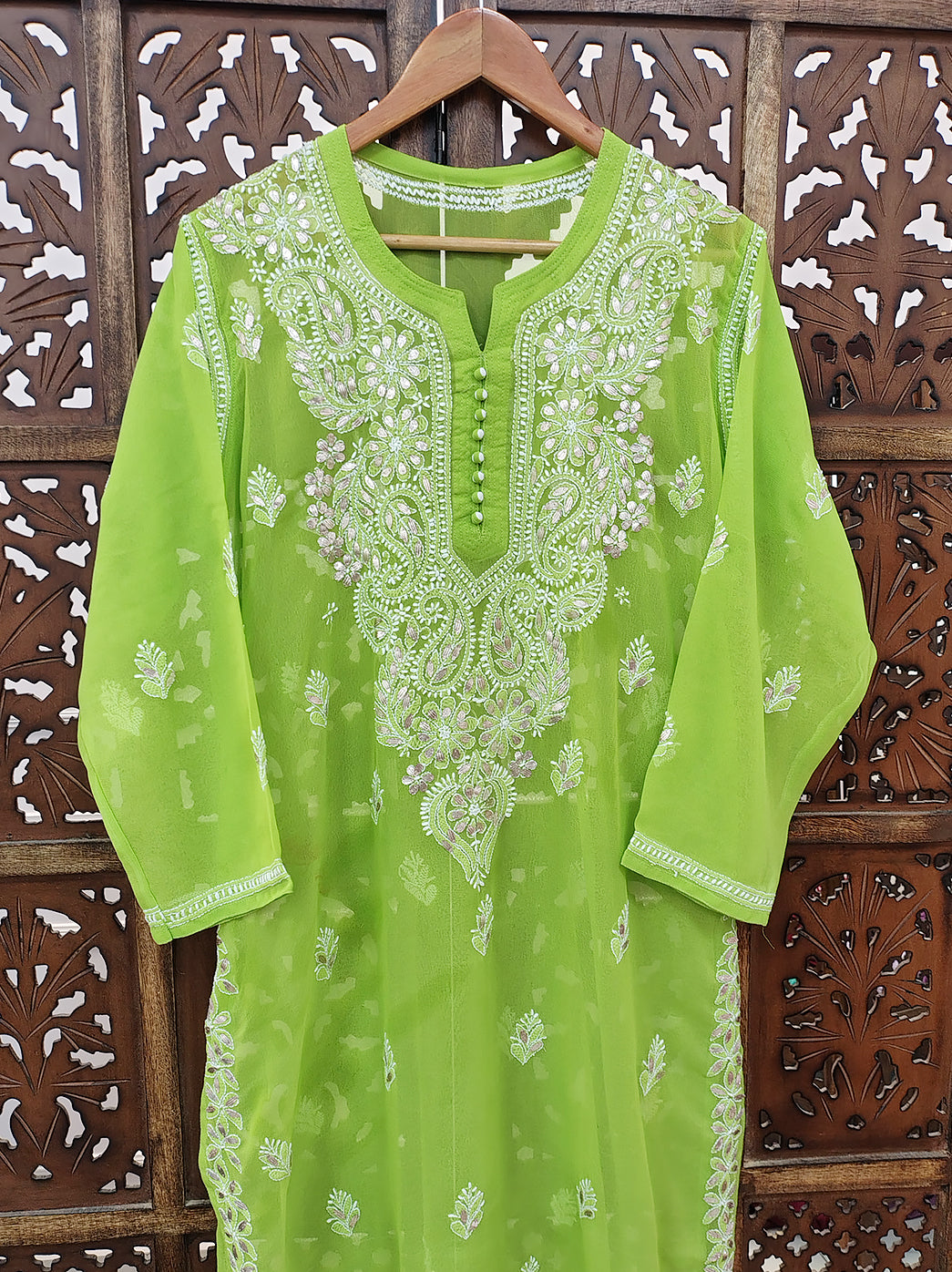 Pista Green Georgette Chikankari Straight Kurti