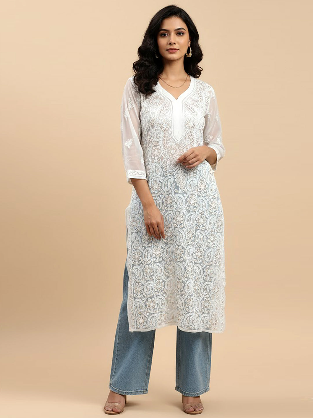 White Georgette Chikankari Straight Kurti