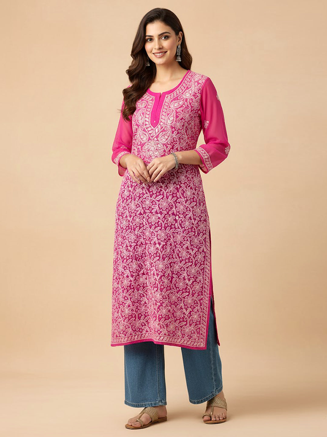Pink Georgette Chikankari Straight Kurti