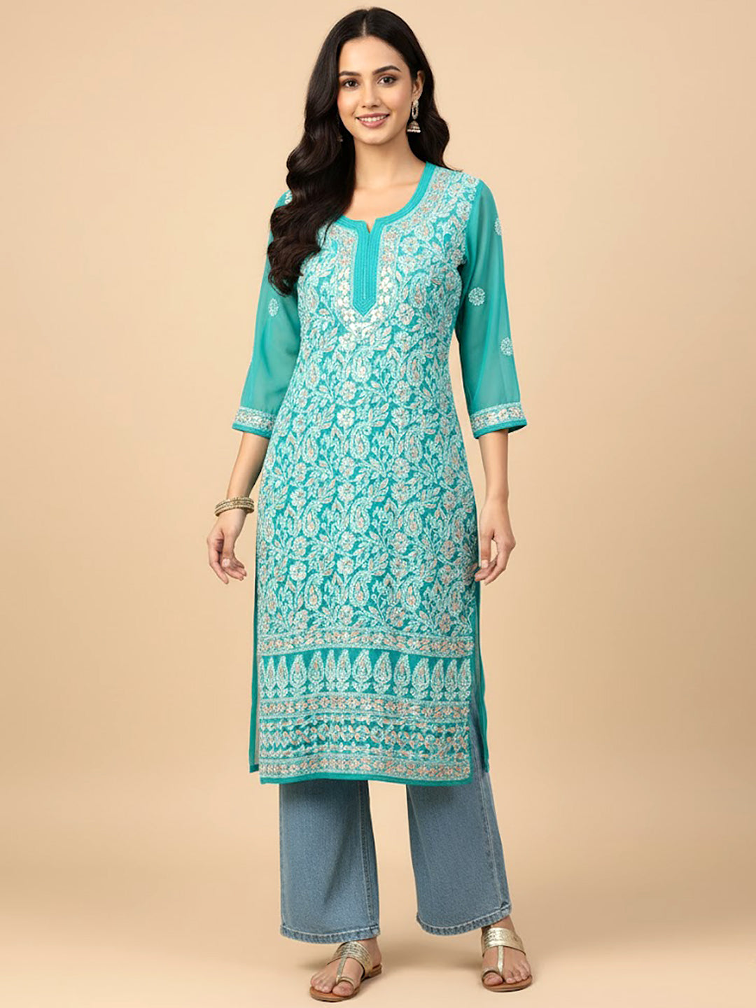 Sea Green Georgette Chikankari Straight Kurti