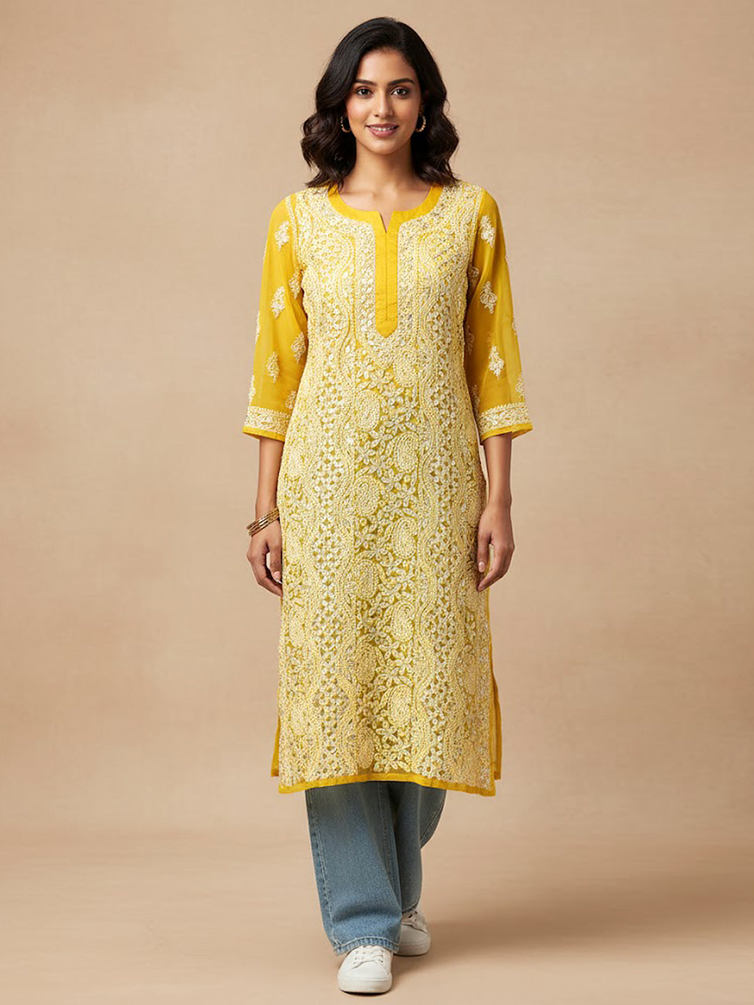 Mustard Yellow Georgette Chikankari Straight Kurti