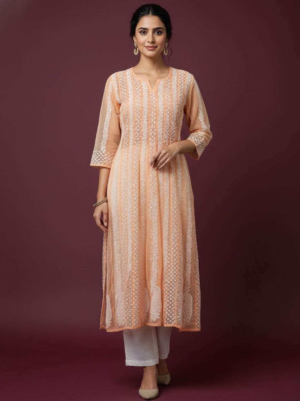 Peach Georgette Chikankari Anarkali Kurti