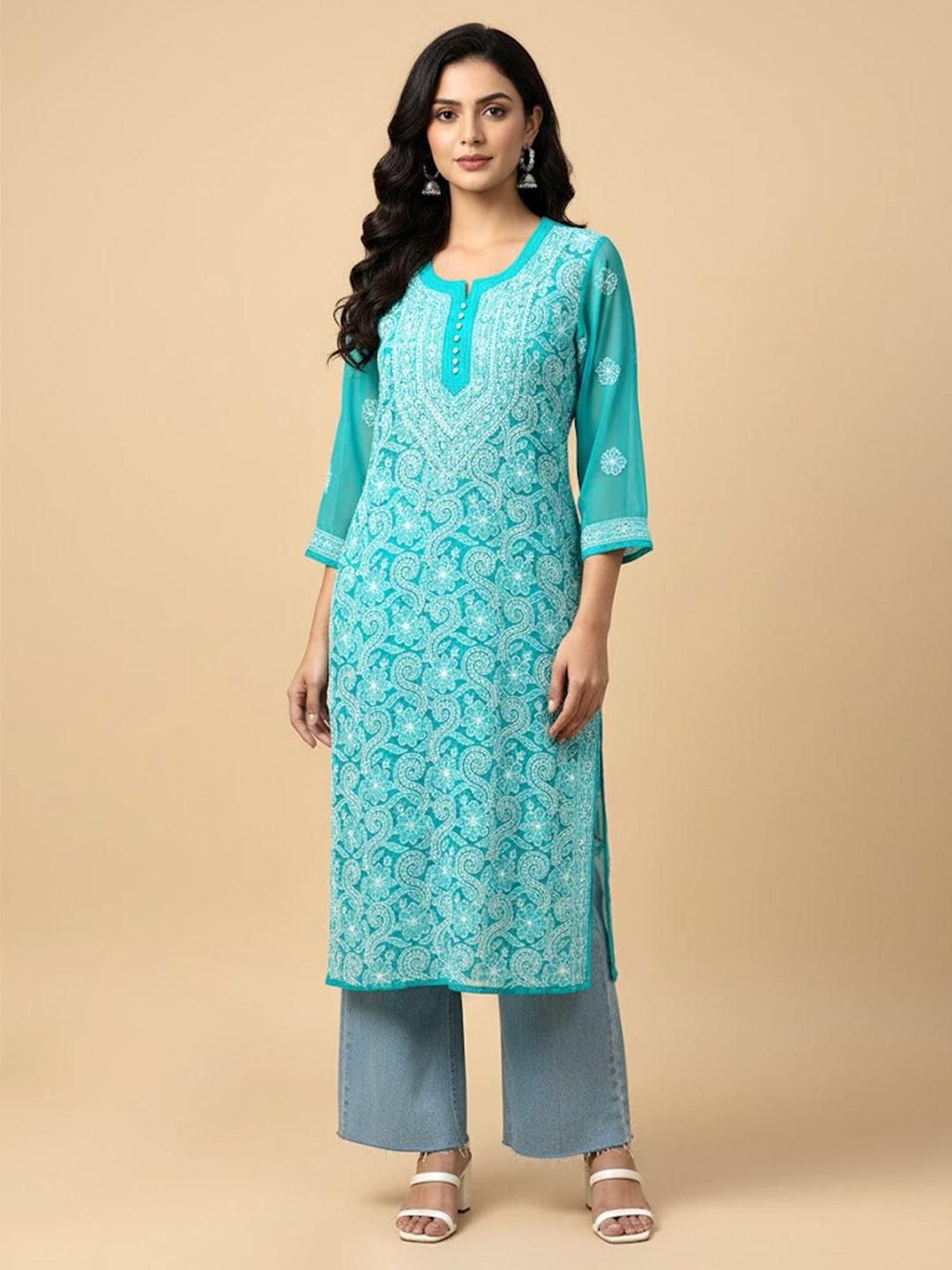 Sea Green Georgette Chikankari Straight Kurti