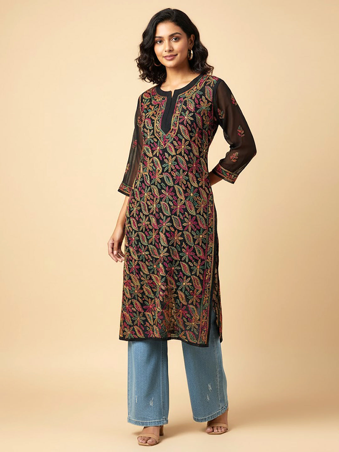 Black Multi Georgette Chikankari Straight Kurti