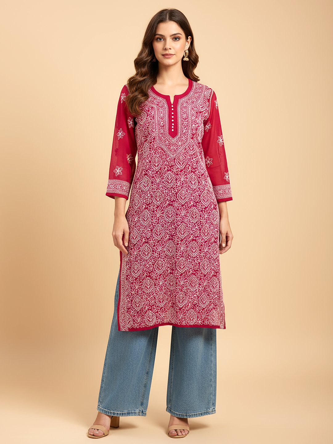 Red Georgette Chikankari Straight Kurti