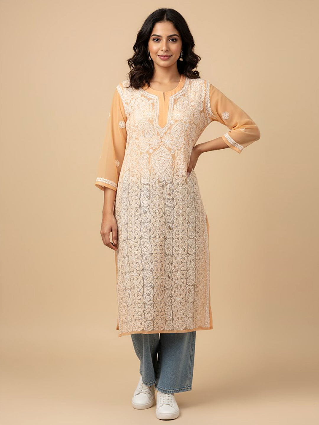 Peach Georgette Chikankari Straight Kurti