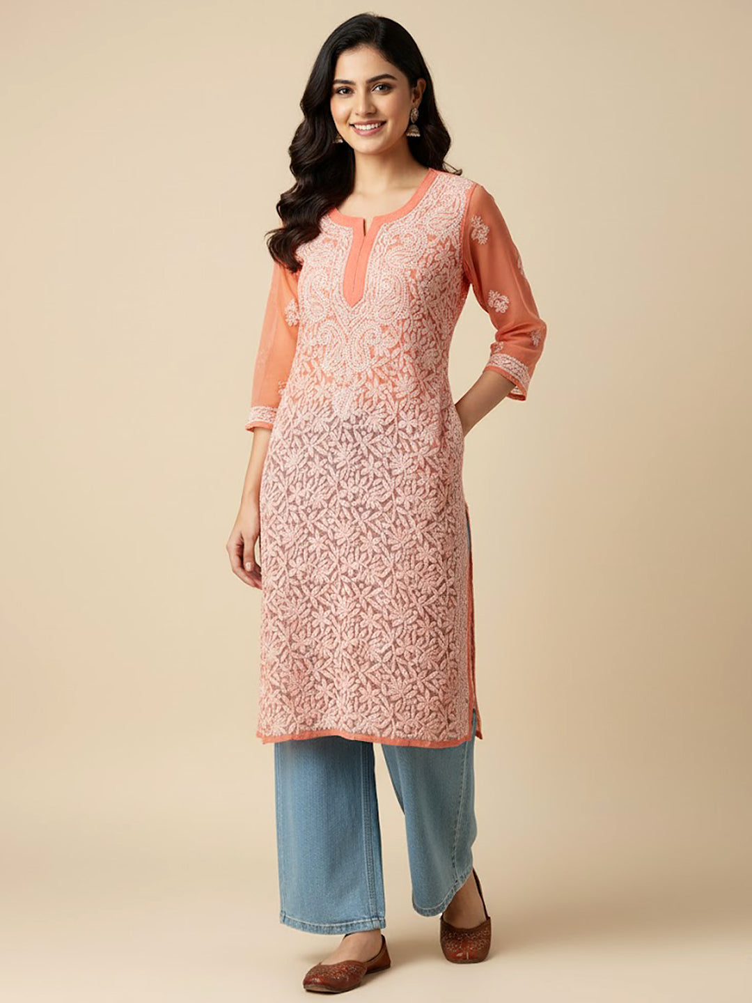 Peach Georgette Chikankari Straight Kurti