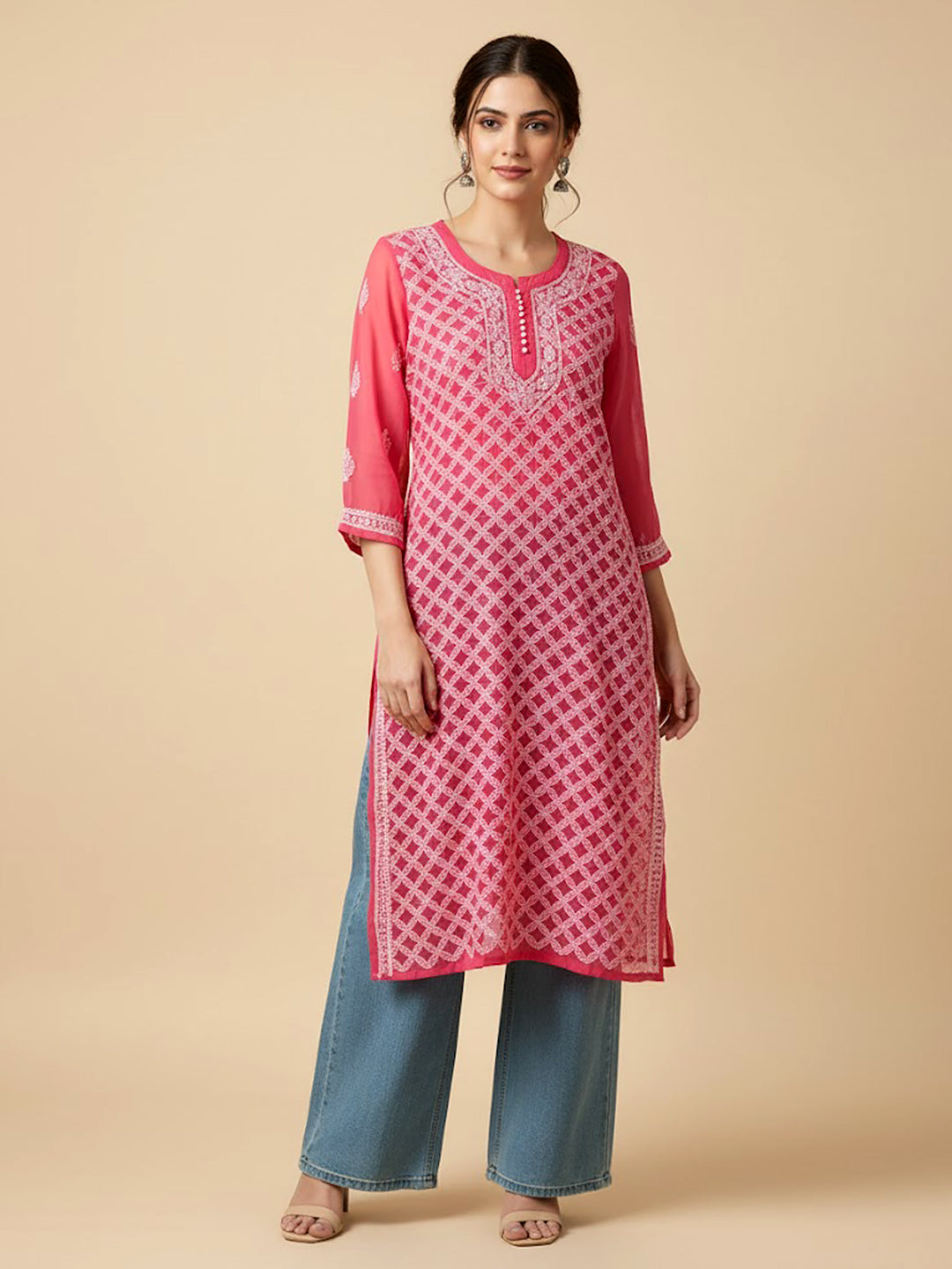 Pink Georgette Chikankari Straight Kurti